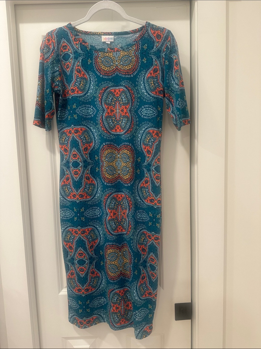 LuLaRoe Teal Midi Dress with Coral and Gold Paisley Motif